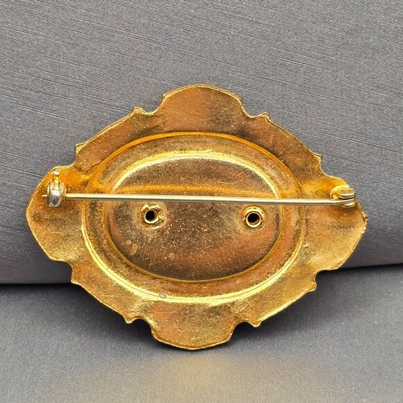 VTG Blue Guilloche Enamel w/ Pink Cabbage Rose Floral Pin Brooch 1.75" Gold Tone - Picture 3 of 6